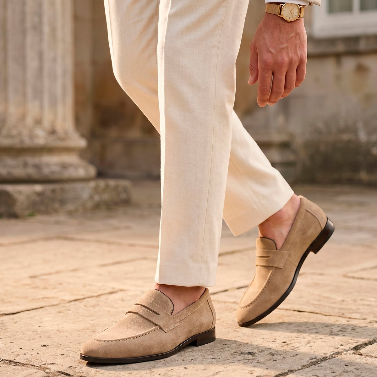 The Sloane Suede Penny Loafer — Sand