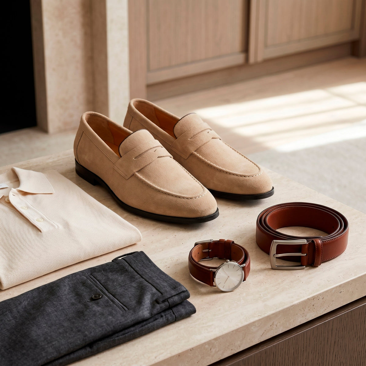 The Sloane Suede Penny Loafer — Sand