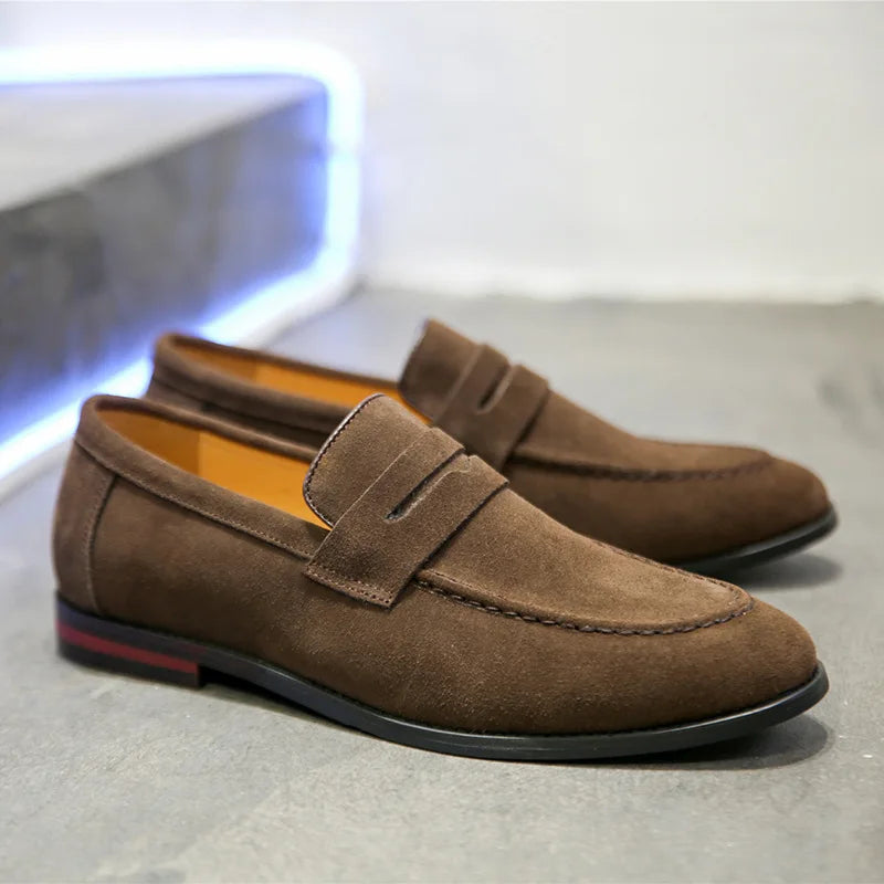 The Sloane Suede Penny Loafer — Dark Taupe